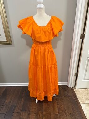 NWT Maude Vicente Bright Orange Ruffle Maxi Dress with Smocked Waist. Size M